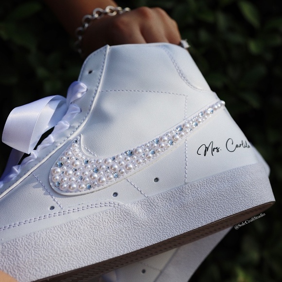 Wedding Sneakers for Bride Personalized Nike Blaze Mid with Rhinestones & Pearls - Picture 3 of 9
